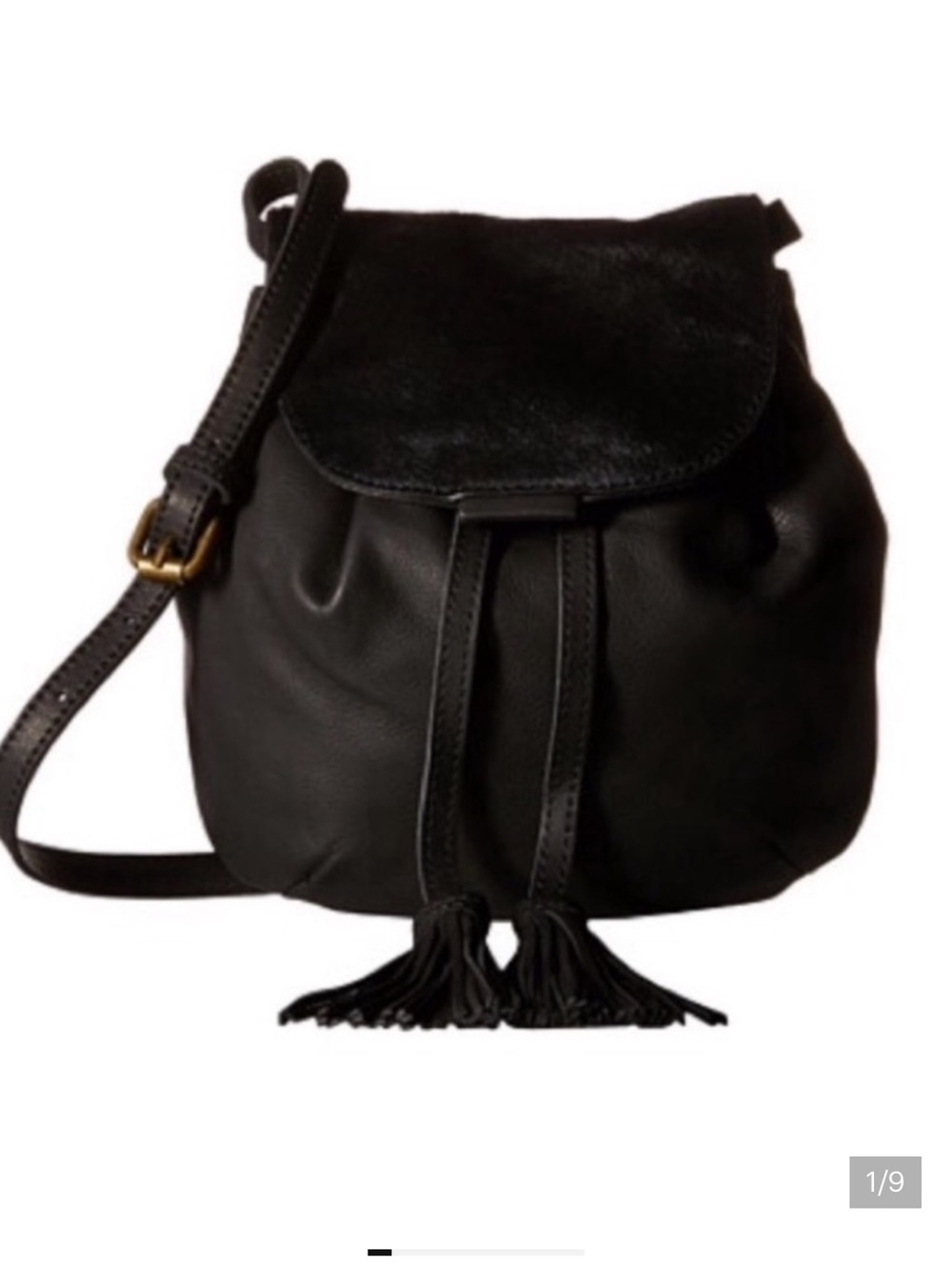 Lucky Brand black leather calf hair Tassel Drawstring Crossbody Bag